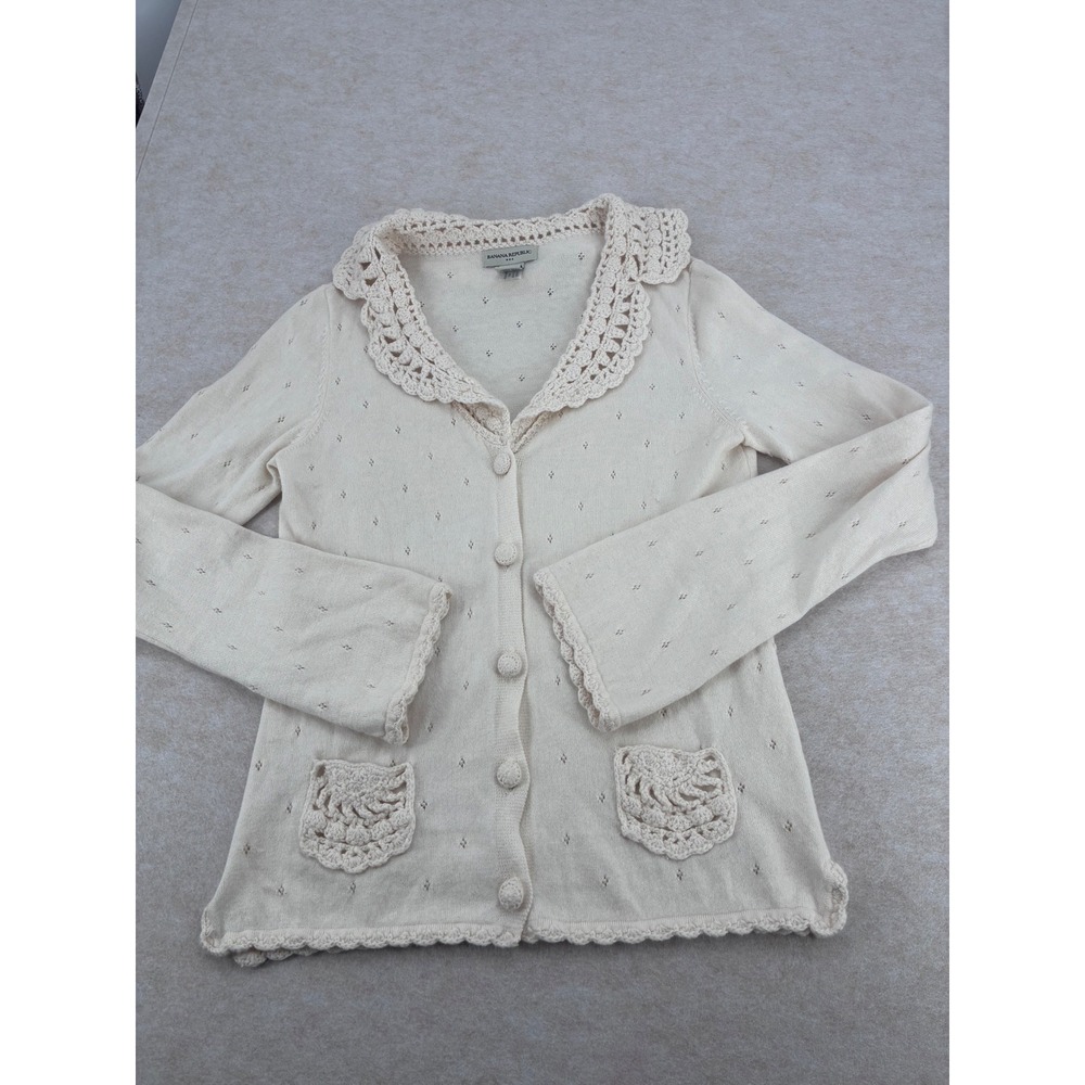 Banana Republic Cream Cotton Angora Crochet Collar Pointelle Cardigan Sweater S